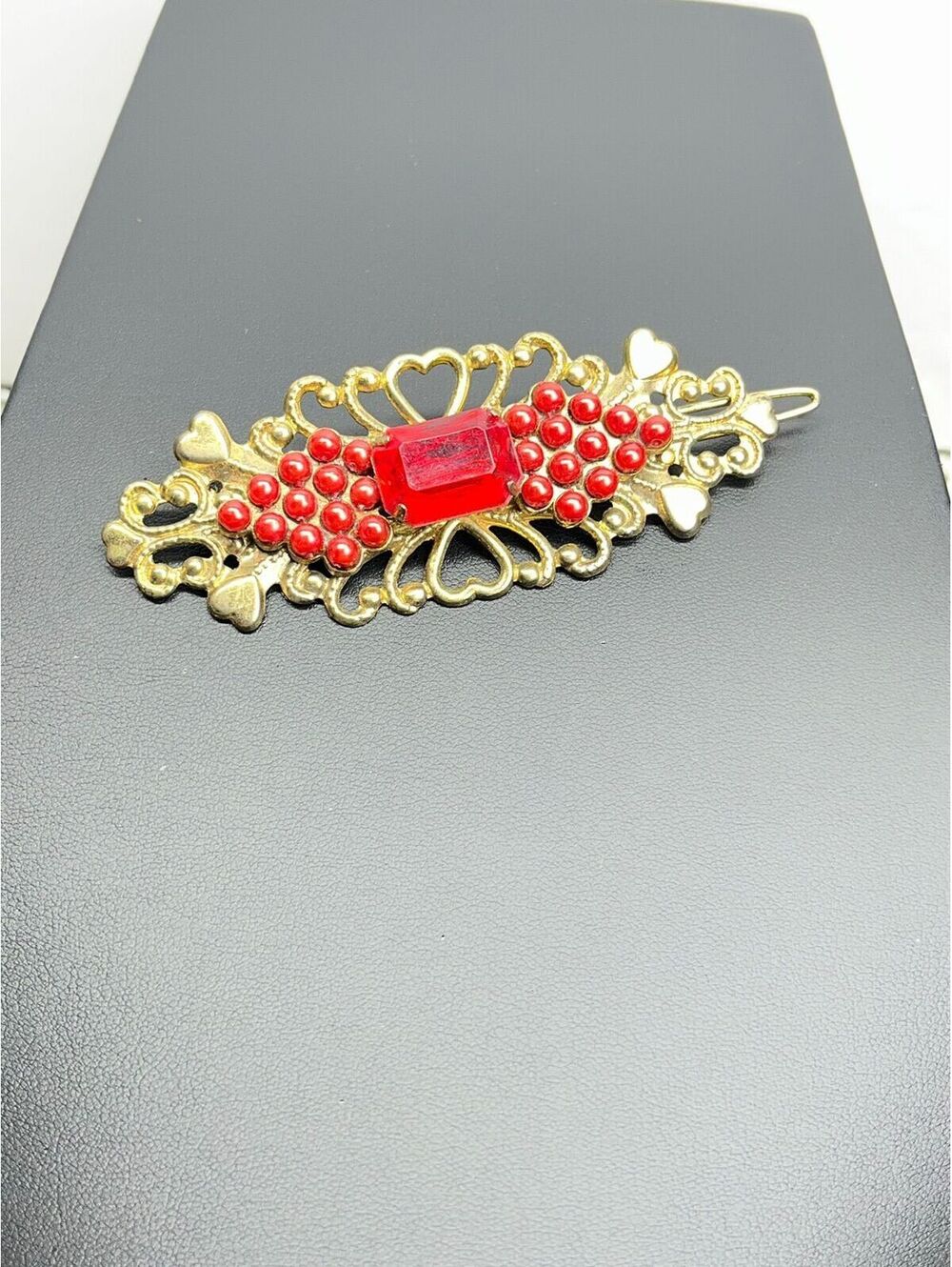 #114 Vintage Ornate Brass Hair Barrett Red Beads Stylized Heart Cutout